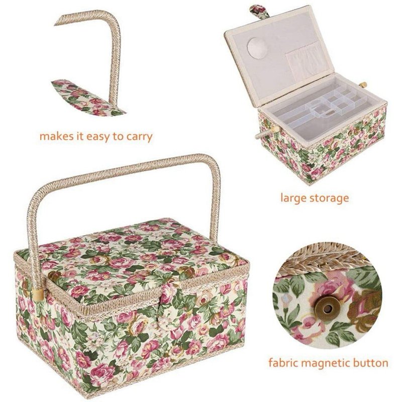 Large Vintage Sewing Basket with Compartments for Needles Thread and Supplies