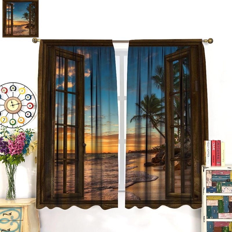 Beach Curtain Set for Windows - Sunset Print, Blackout, Rod Pocket, 2 Panels