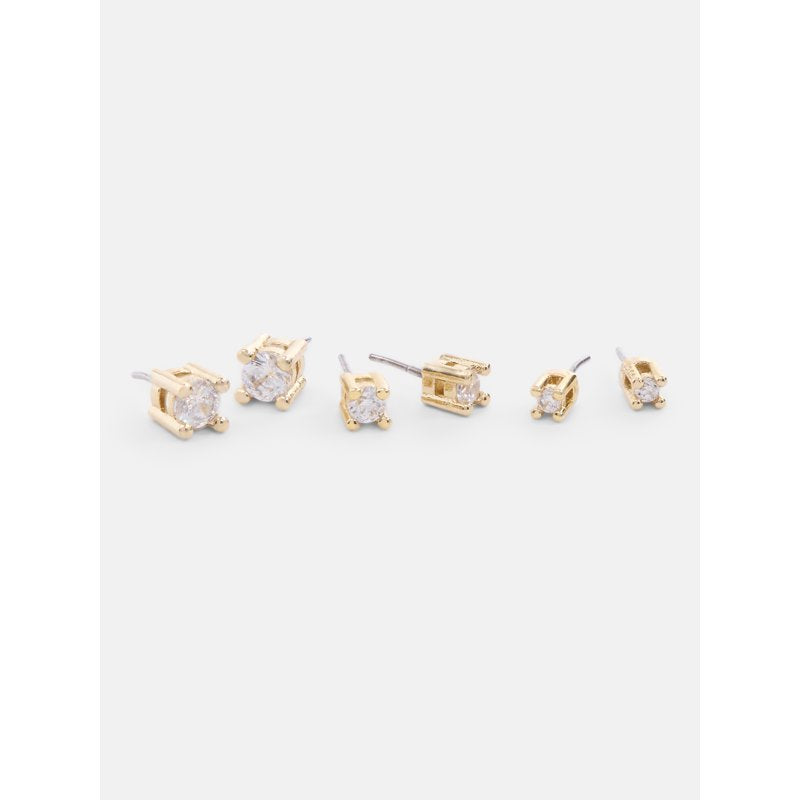 Women’s Gold-Plated Cubic Zirconia Stud Earring Set - 3 Pairs, Hypoallergenic