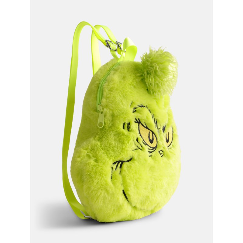 Girls Grinch Faux Fur Mini Backpack - Green Plush Holiday Bag