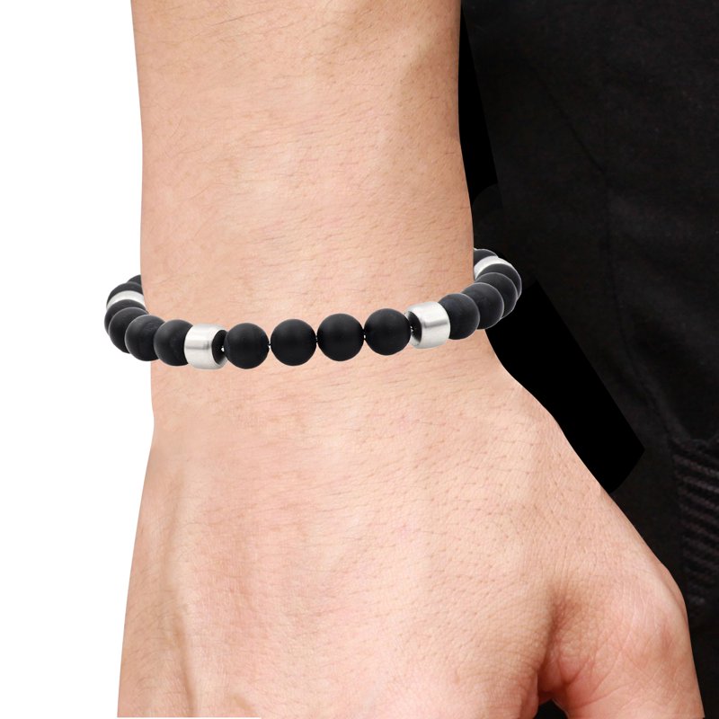 Men's Black Onyx Beaded Bracelet in Stainless Steel 8-inch - Gift-ready