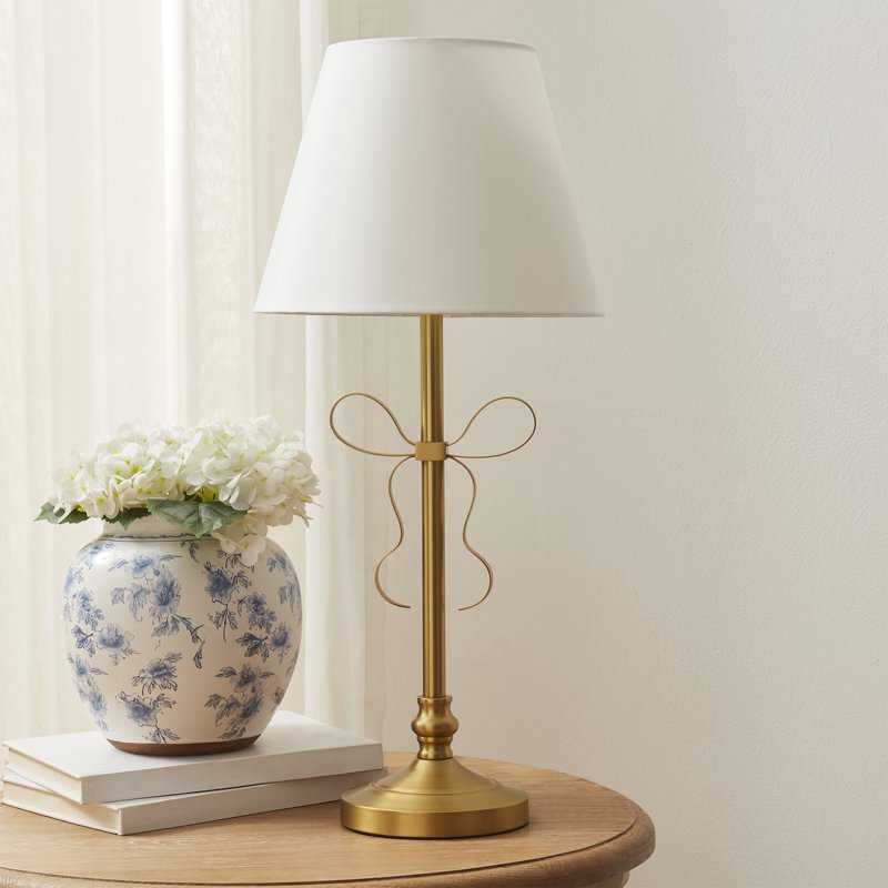 Gold Metal Bow Table Lamp with White Shade - 24 Inch Modern Farmhouse Decor