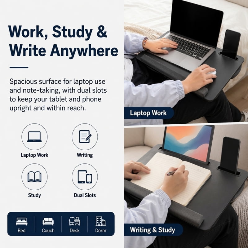 Portable Lap Desk 21.7" for 17.3" Laptops with Dual Cushions, Tablet/Phone Slots