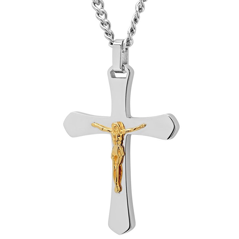 Men's Two-Tone Stainless Steel Crucifix Pendant Necklace with Chain