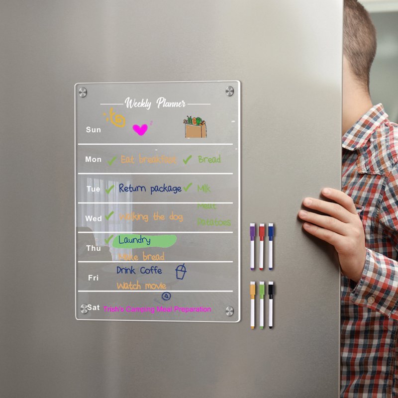 Magnetic Weekly Meal Planner Board for Fridge with Markers - Clear Acrylic Kitchen Organizer