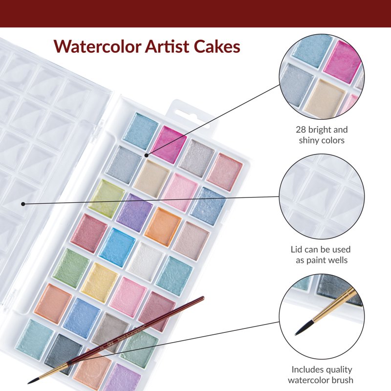 Pearlescent Watercolor Paint Set with Brush - 28 Vibrant Metallic Colors for Artists