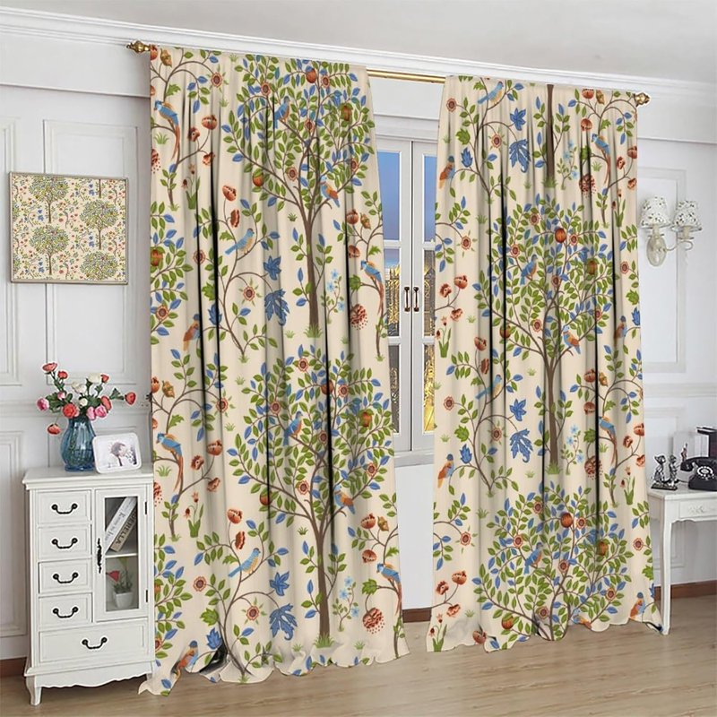 Vintage Bird & Owl Window Curtains Set of 2 - Middle Ages Style Room Drape