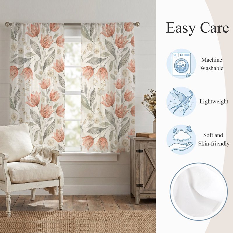 Peach Floral Sheer Curtains Set - 2 Panels, Farmhouse Botanical Window Treatment