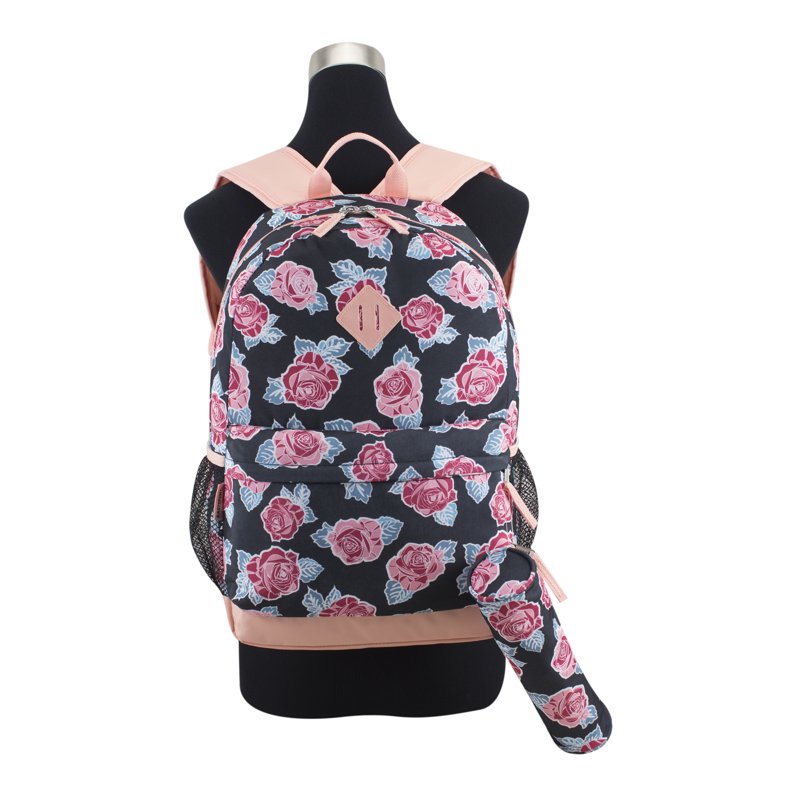 Unisex Dome Backpack with Bonus Pouch - Rose Print, Spacious School & Casual Bag