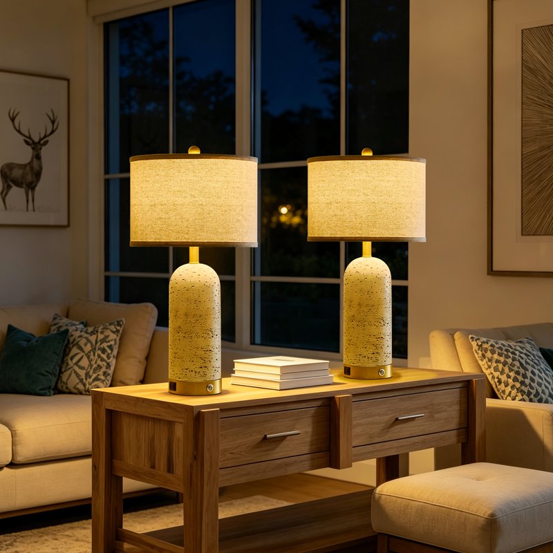 Modern Set of 2 25-Inch Touch Control Bedside Table Lamps with Linen Shades