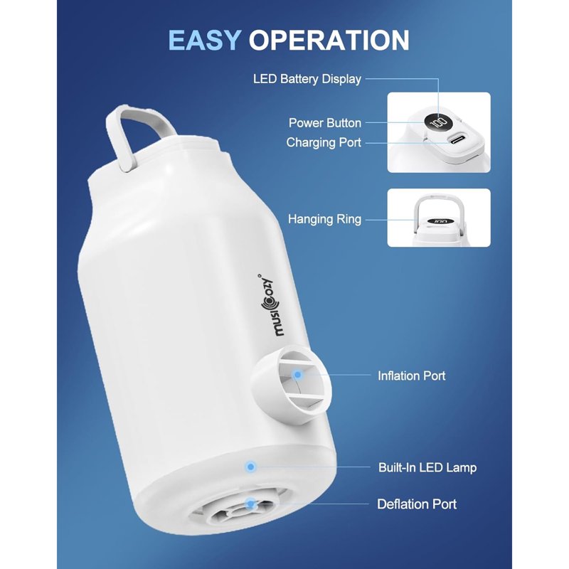 Mini Portable Air Pump for Inflatables with 5 Nozzles & Camping LED Light
