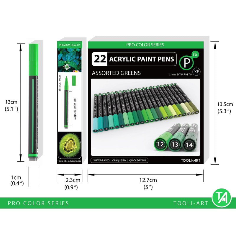 Green Acrylic Paint Pens 22-Color Set 0.7mm Extra-Fine Tip - Pro Color Series, TOOLI-ART, Variation: Green