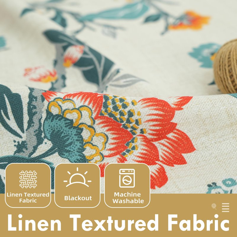 Blackout Linen Floral Pattern Curtains for Bedroom Double Layer Thermal Insulated 2 Panels