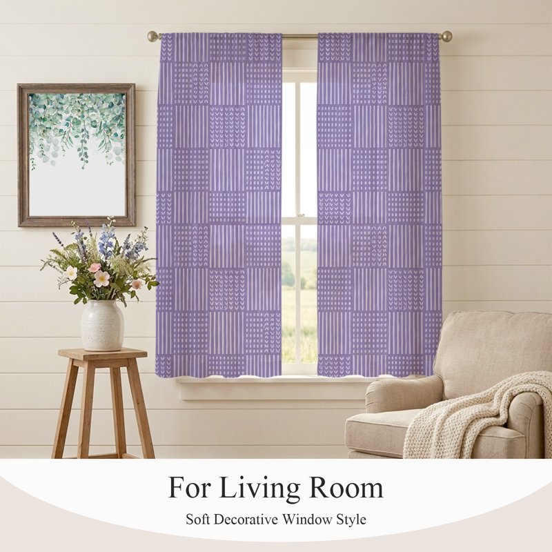 Purple Sheer Curtain Set 2 Panels 52x63 Inches Modern Geometric Voile Window Treatment