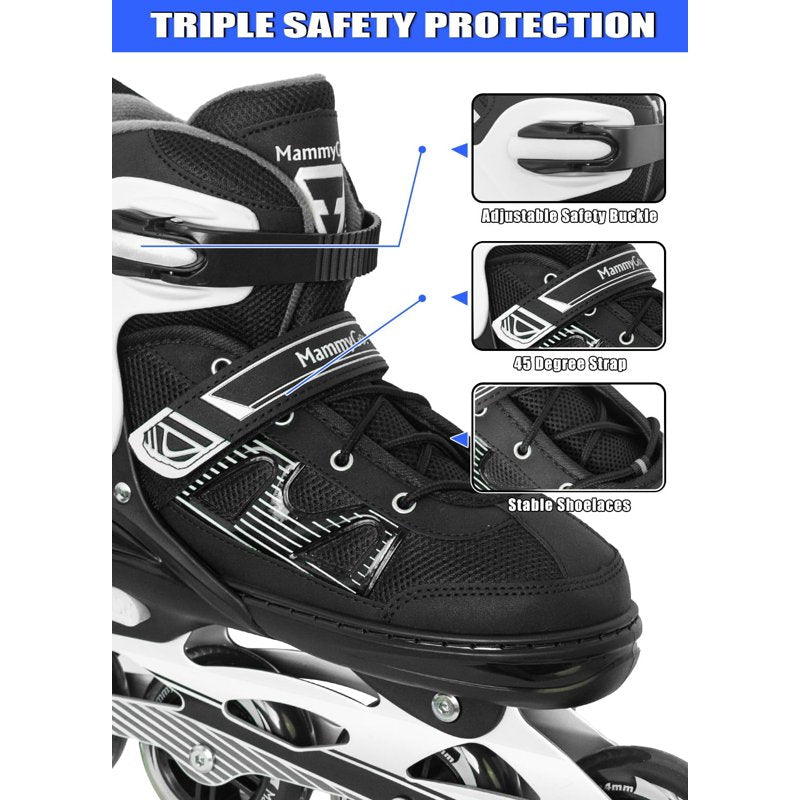 Adult Inline Skates with Adjustable Size, Carbon Steel Bearings & TPR Brake