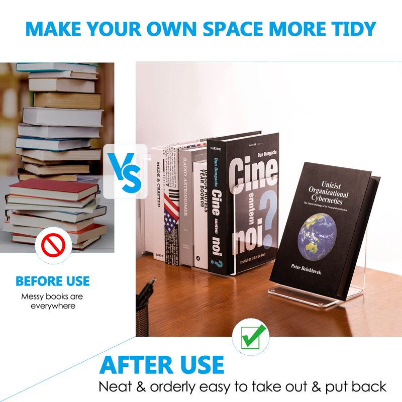 Clear Acrylic Bookends for Shelves - Stylish Book Stoppers, Non-Skid, 2 Pairs