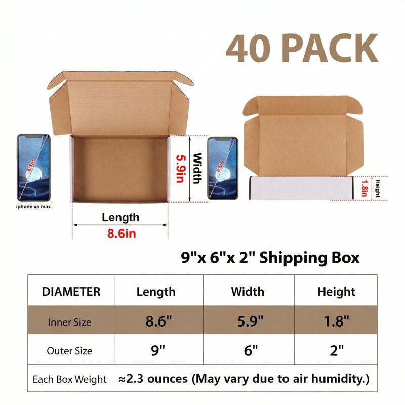 White Corrugated Shipping Boxes 40 Pack - 9x6x2 Inch Gift & Packaging Boxes