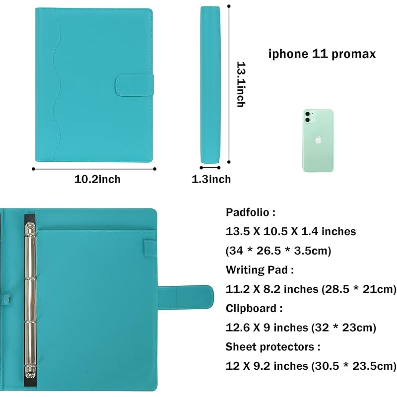 A4 Leather Portfolio Folder with Removable Binder & Multiple Pockets for Office Travel School