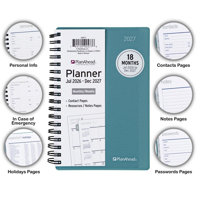Small Monthly Weekly Planner - 18 Months Jul 2026-Dec 2027, Teal
