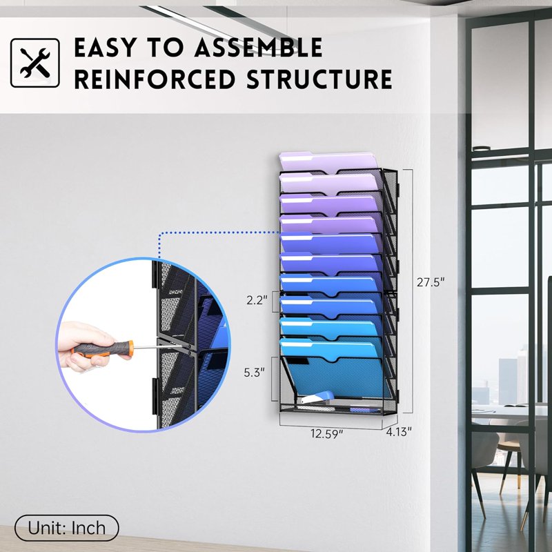 11-Tier Wall File Holder Organizer - Metal Wall Mount Hanging Office Storage