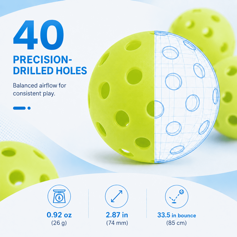 Outdoor Pickleball Balls 12-Pack - 40-Hole, 74mm Durable with Mesh Bag