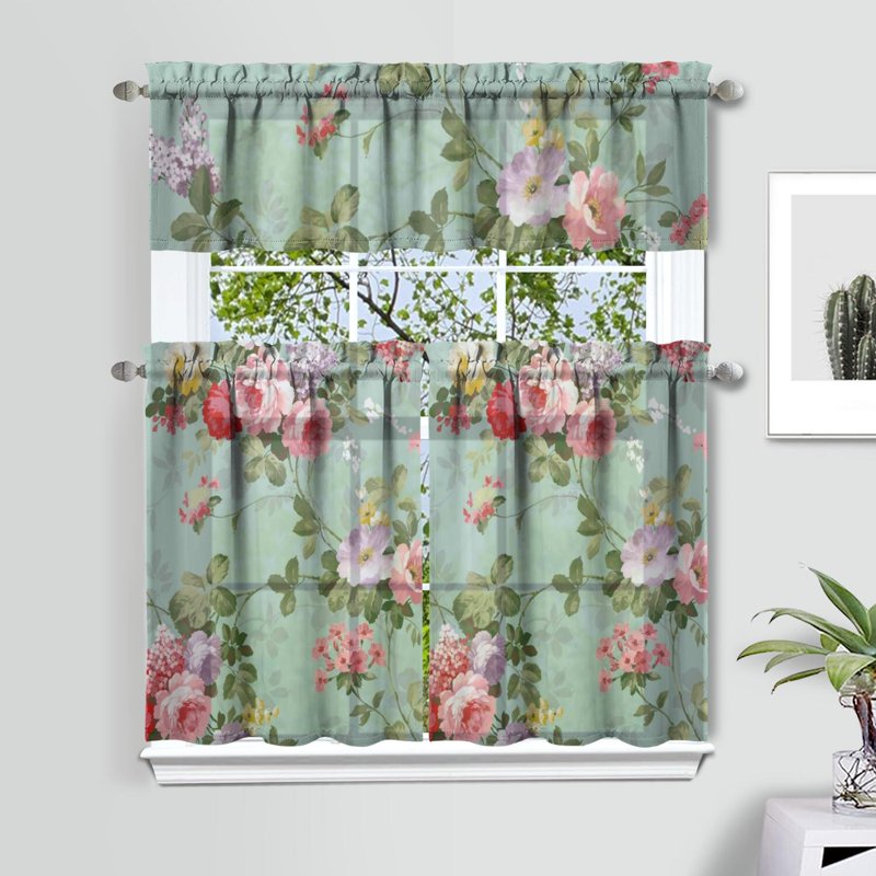 Kitchen Curtains and Valance Set - 3 Piece Vintage Rose Window Treatment