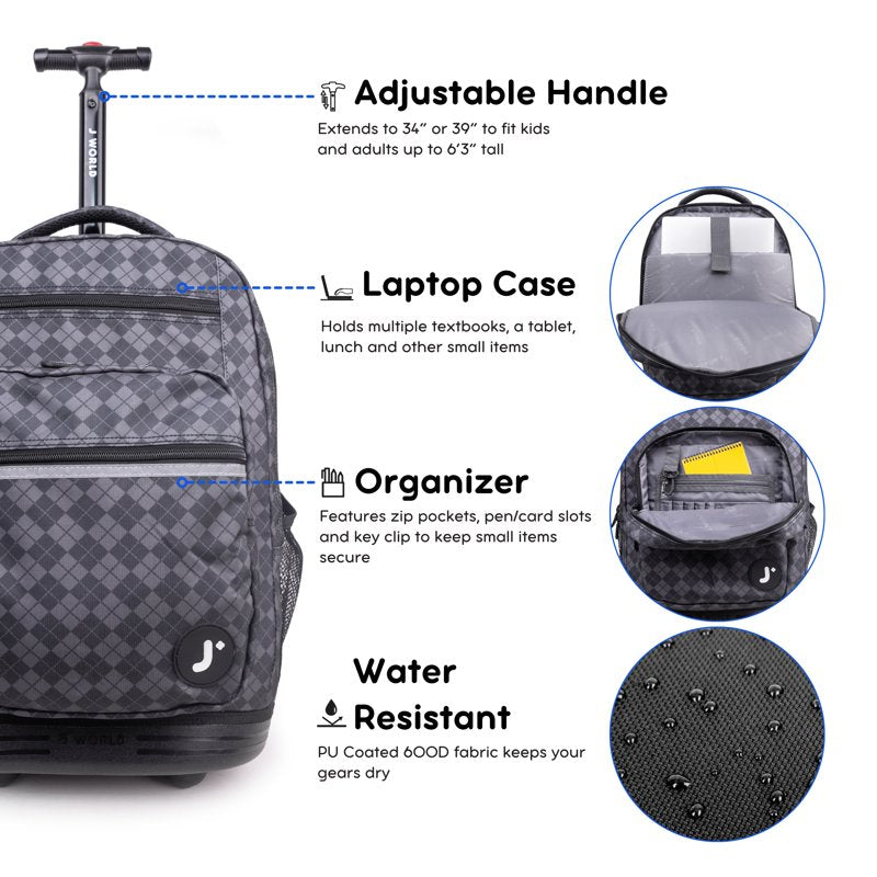 Unisex 20-Inch Rolling Backpack with Laptop Sleeve for School & Travel
