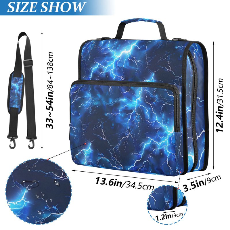 Zipper Binder File Folder Organizer Bag with Multiple Pockets and 3-Ring Ring, Blue Lightning