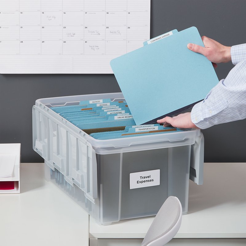 Letter Size Clear File Storage Box with Wing Lid - Stackable Plastic Organizer