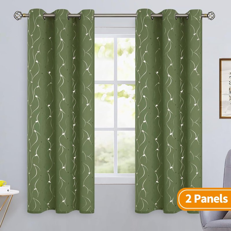 Olive Green Blackout Curtains 63 Inch Length 2 Panels Set Thermal Insulated Modern Wave Dot Design