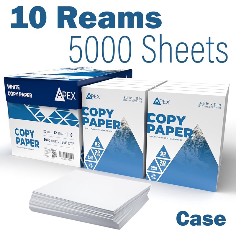 Apex White Copy Paper 8.5 x 11 Inches - Multipurpose Printer Paper, 10 Reams Case
