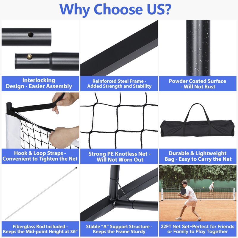 22FT Portable Pickleball Net Set with Carry Case for Indoor & Outdoor Play