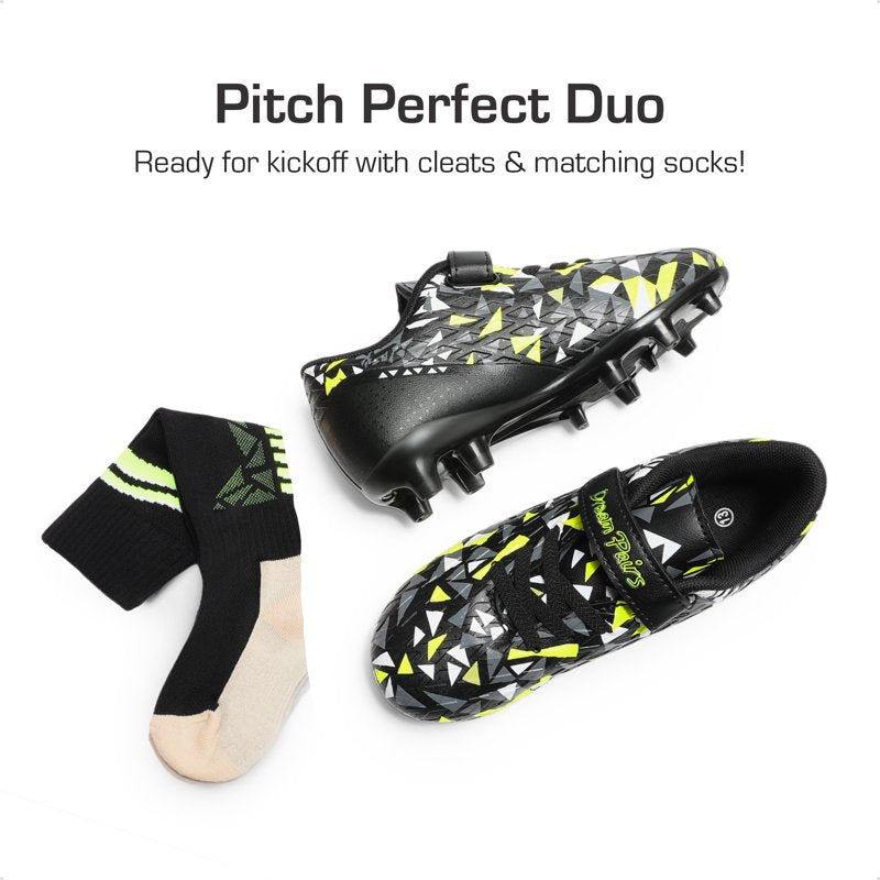 Dream Pairs Kids Soccer Cleats – Black/Neon Green, Hook & Loop, Traction