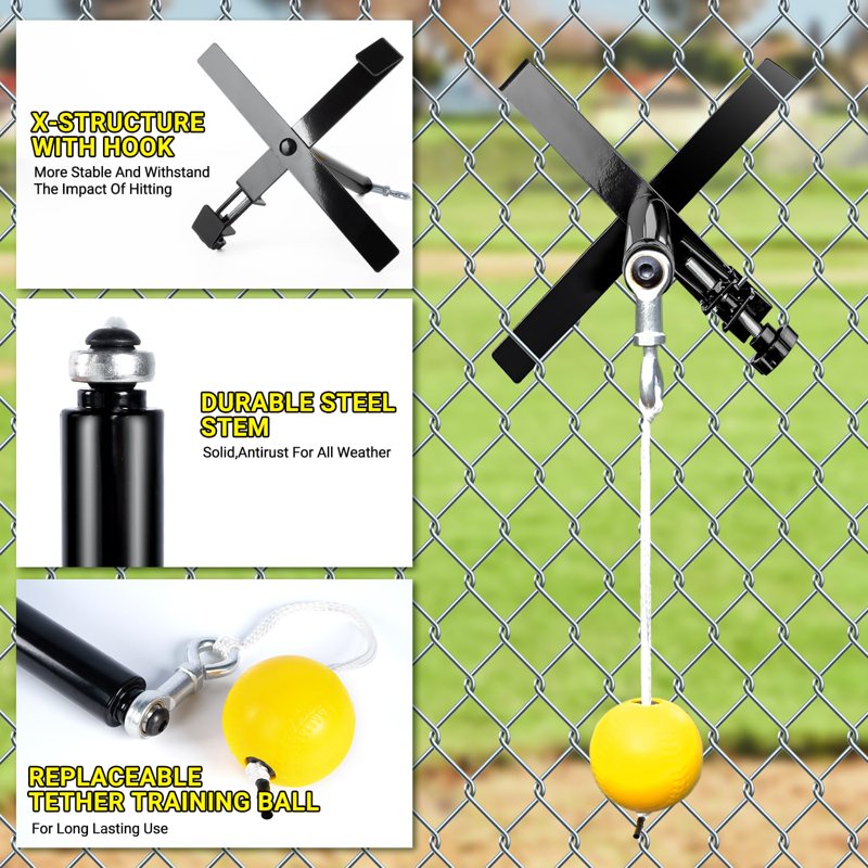 Baseball Swing Trainer with Metal Base and Tethered Ball - Portable Hitting Aid