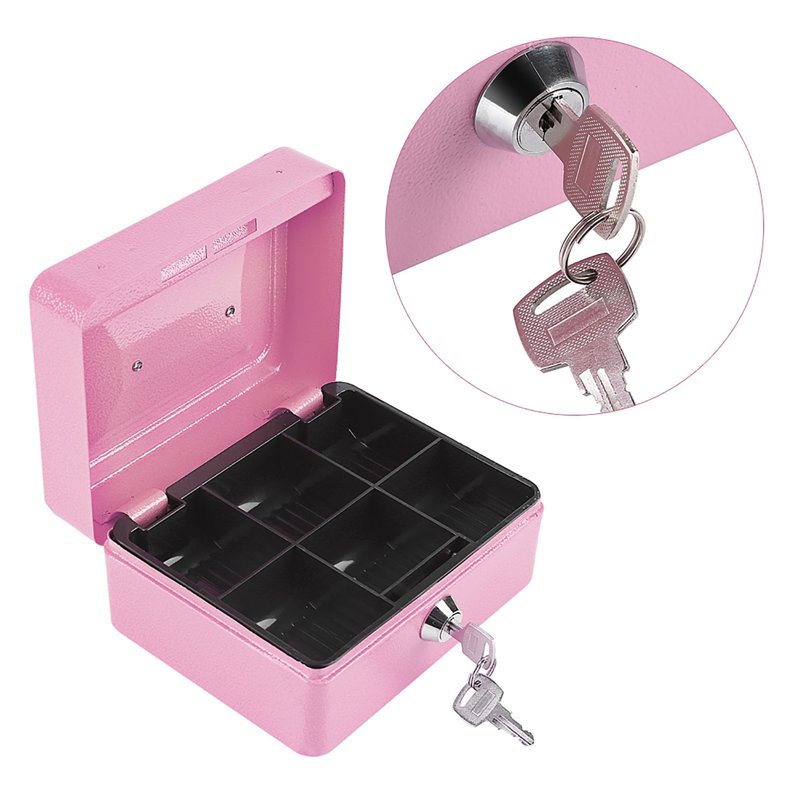 Mini Portable Steel Security Safe Box with Key Lock & Removable Tray - Pink