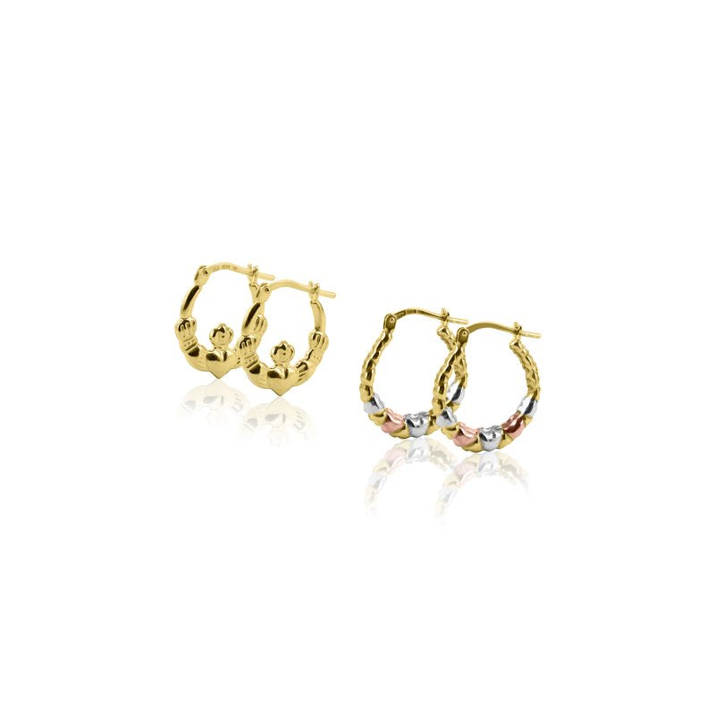 Sterling Silver 14K Gold Plated Claddagh & Heart Hoop Earrings - Hypoallergenic