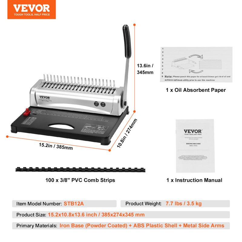 Manual Comb Binding Machine for 450 Sheets with 100 Spines - 21-Hole Office Binder