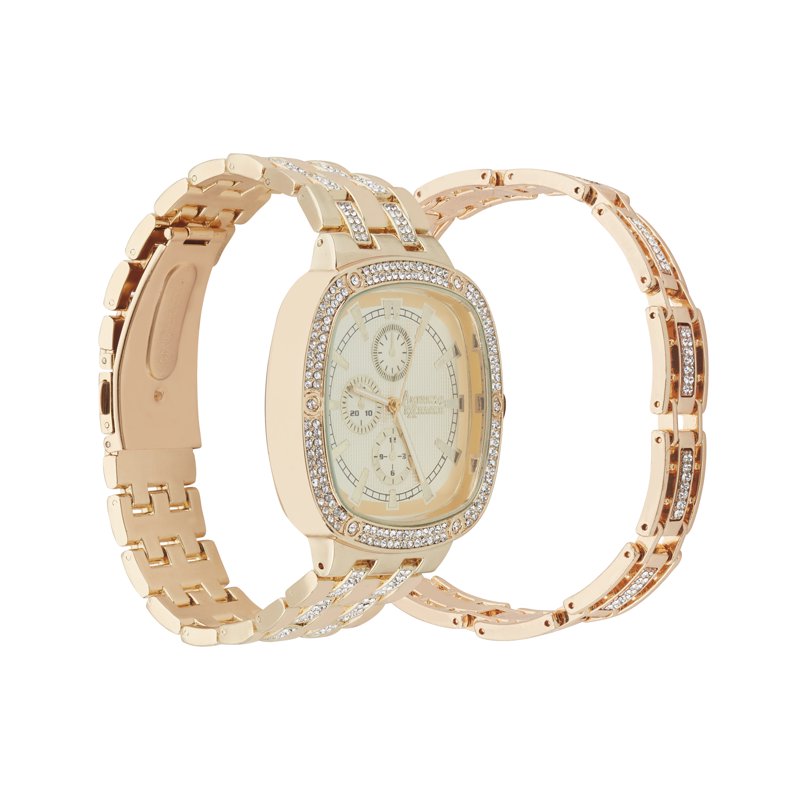 Men's Gold Tone Metal Watch & Bracelet Set - Chronograph, Classic Style
