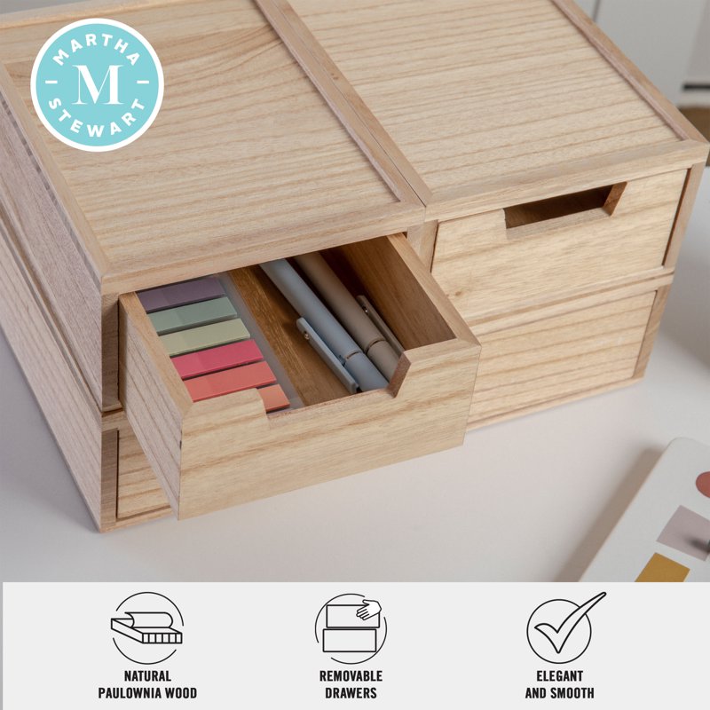 Stackable Wooden Desk Organizer Boxes with Drawers - Set of 3