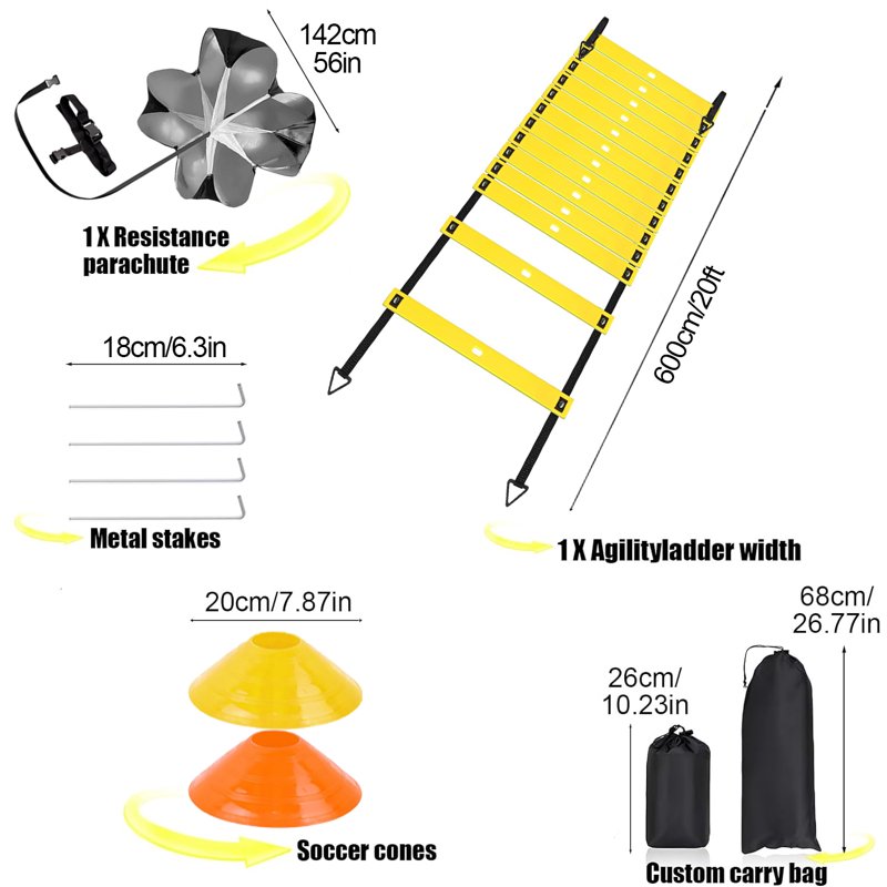 Speed Agility Training Kit: 20ft Adjustable Ladder, 12 Disc Cones, Stakes, Parachute