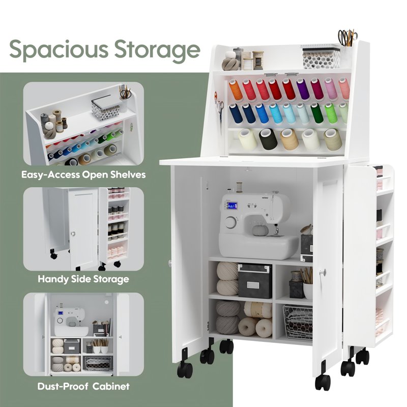 Sewing Table & Storage Cabinet with Power Outlets, Spool Racks, Lockable Wheels
