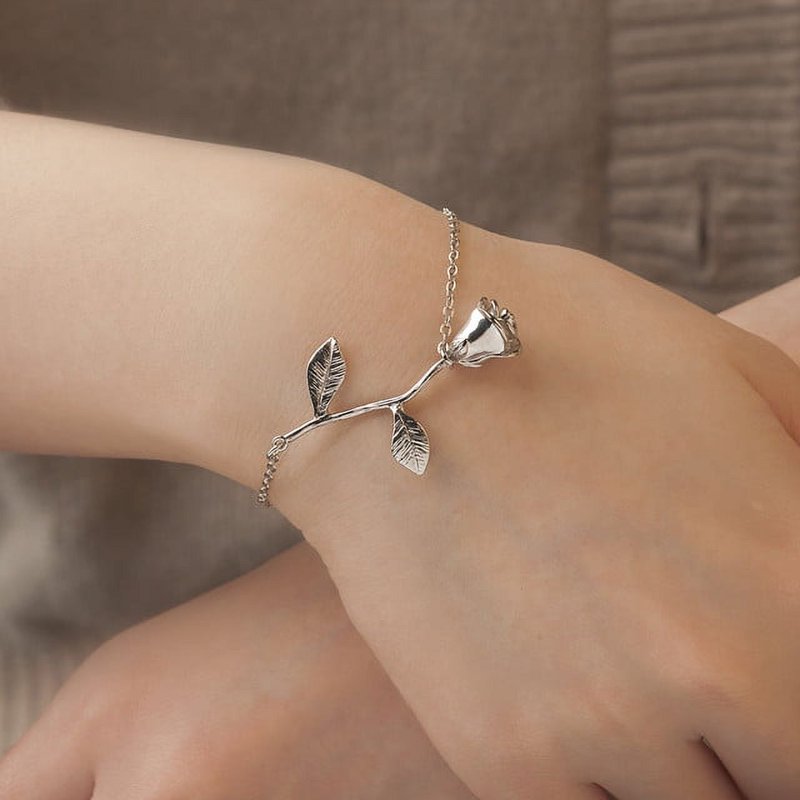Silver Brass Rose Flower Bracelet Jewelry for Women - Valentine's Gift Set