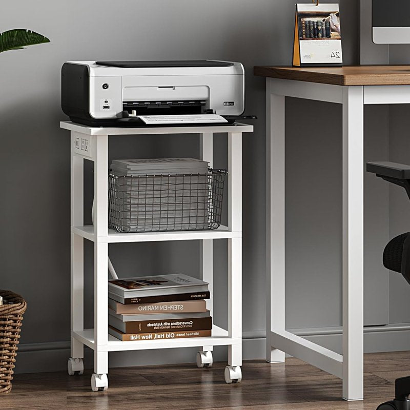 3 Tier Printer Stand with Wheels & Power Outlets - Mobile Office Storage