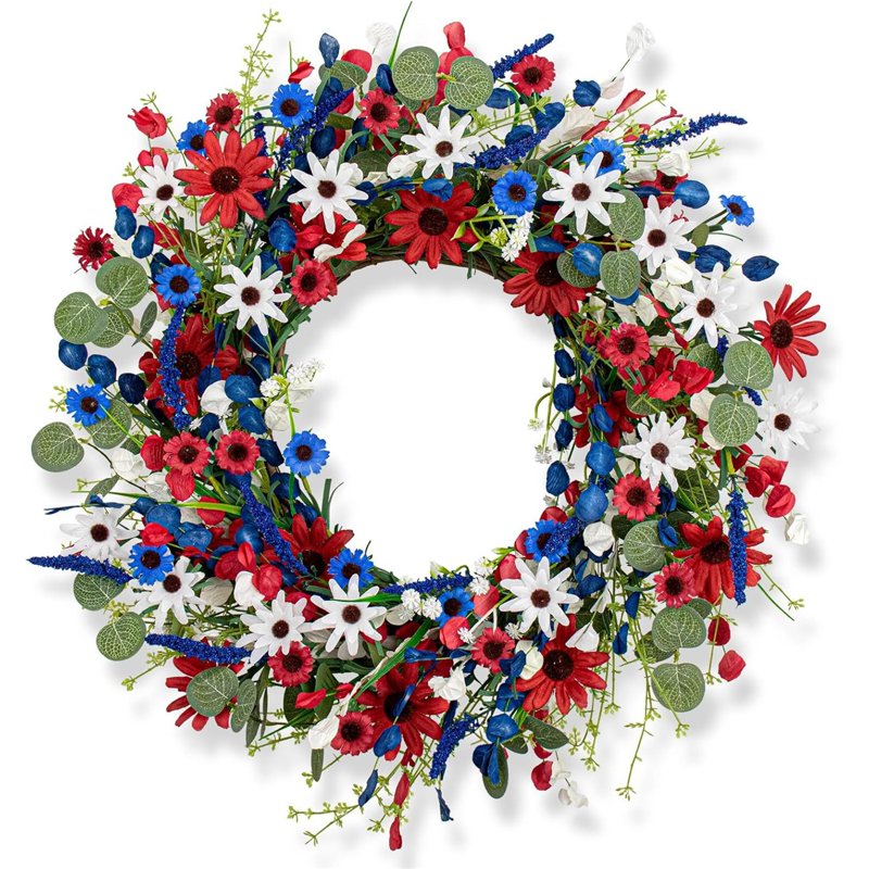 Patriotic Flower Wreath for Front Door - Red White Blue Independence Day Decor