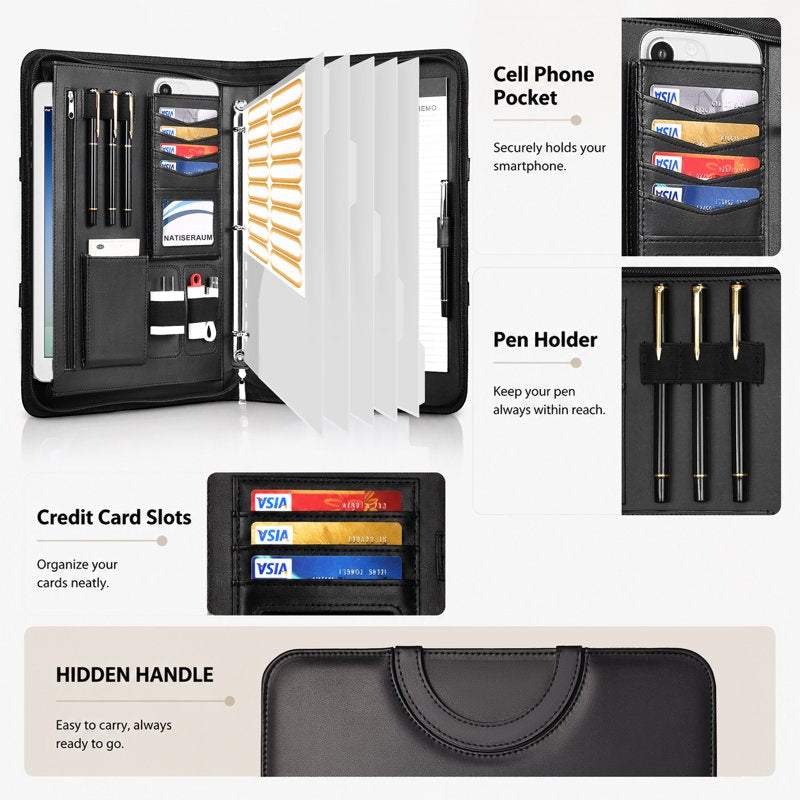 Professional Leather Portfolio Organizer with Notepad Pen 3-Ring Zipper Document Binder