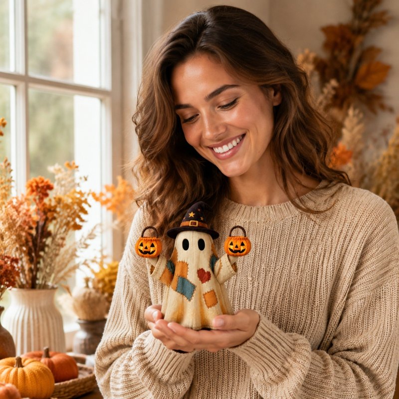 Patchwork Ghost with Pumpkin Figurine - Resin Halloween Ornament (Variation: Patchwork GB)