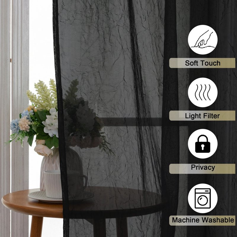 MKHILL Black Crushed Sheer Curtains 72in 2 Panels Rod Pocket Drape Set - 42x72