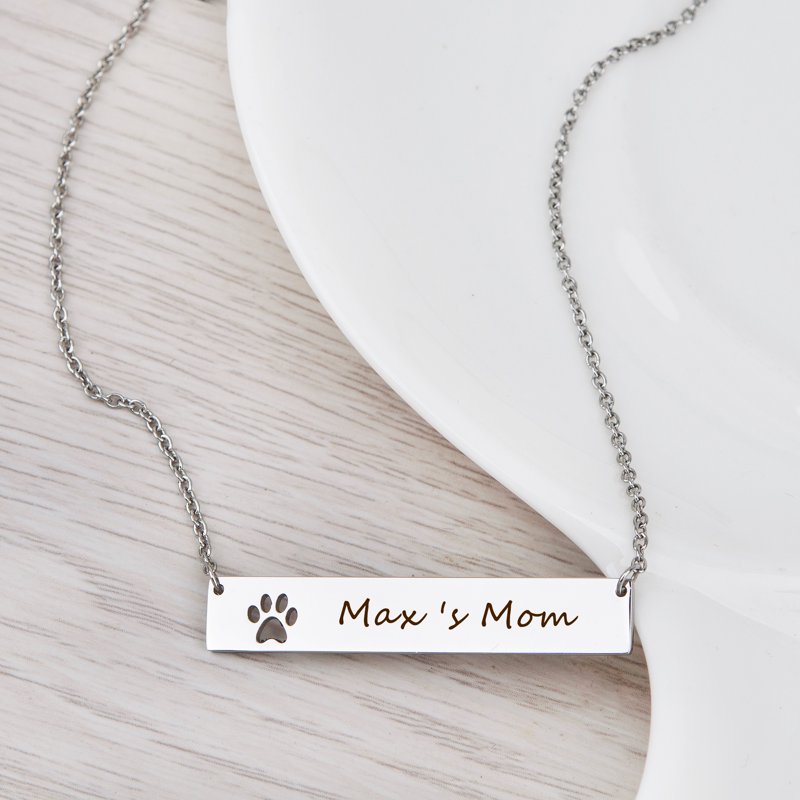 Personalized Name Necklace with Paw Print Cut-Out - Custom Engraved Bar Jewelry in Silver, Gold, Rose Gold