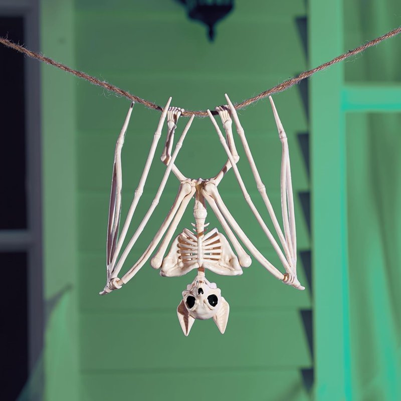 Joyfy 11in Bat Skeleton Halloween Decoration - Posable Plastic Animal for Indoor & Outdoor