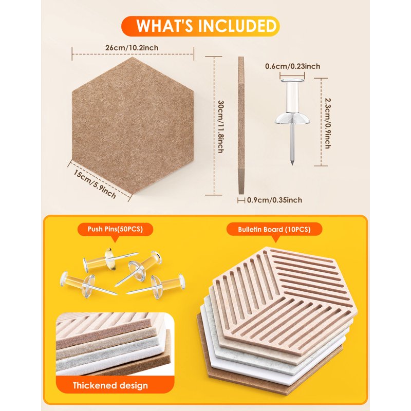 Hexagon Cork Boards for Walls - 10 Pack with 50 Pins for Office & Home Decor